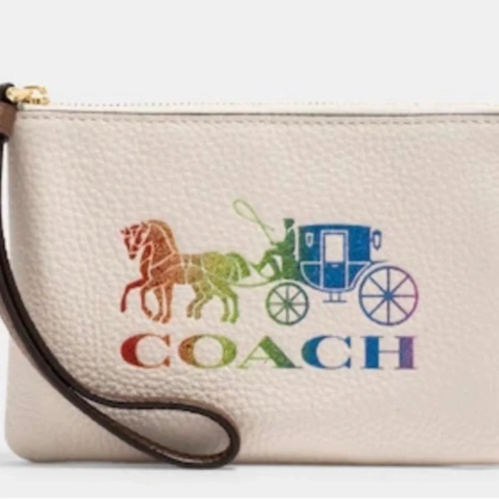 COACH‎ CORNER ZIP WRISTLET POUCH WALLET WITH RAINBOW HORSE AND CARRIAGE NWT
